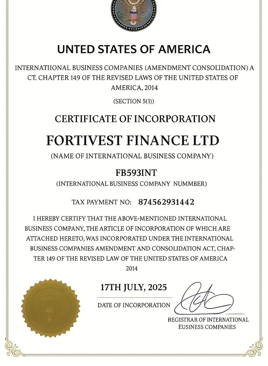 Certificate of Incorporation - Fortivest Finance Ltd